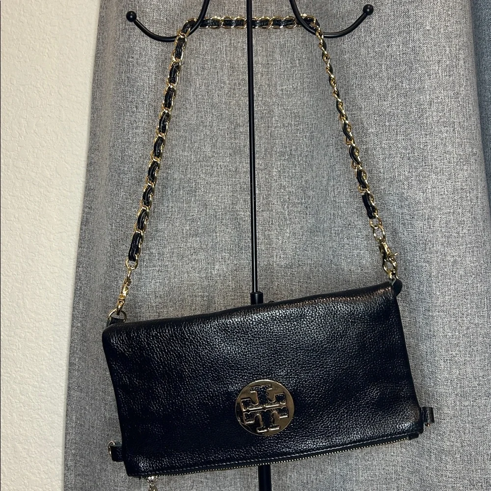 Tory Burch Black Leather Shoulder Bag with Gold Chain‎ & Logo